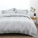 Duvet Cover Set Full/Queen Size Washed Cotton Yarn, Jacquard Gray and White Thin Branch Pattern Floral Style 3Piece Bedding Set