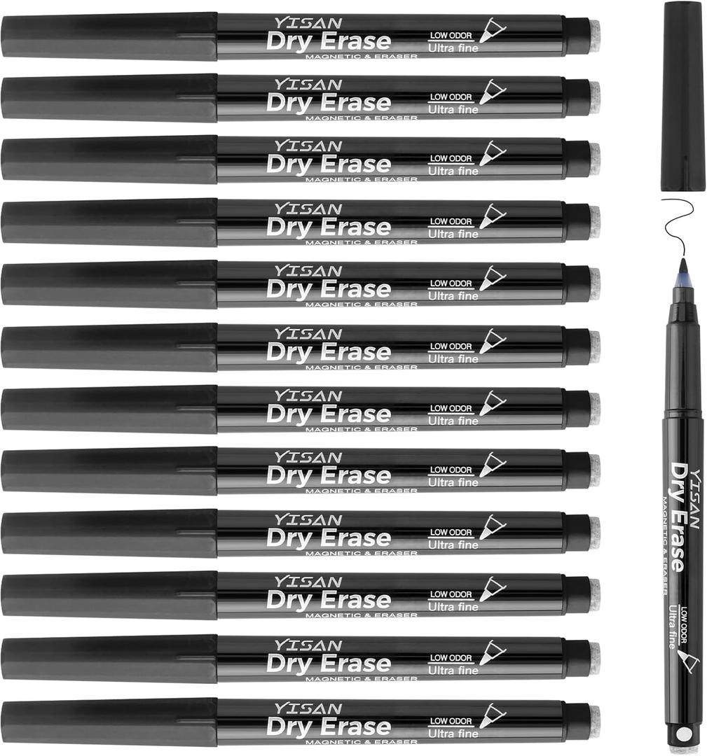 YISAN Black Dry Erase Markers Ultra Fine Tip,0.7mm Extra Fine Point, Whiteboard Markers with Erasers,Low Odor,70573