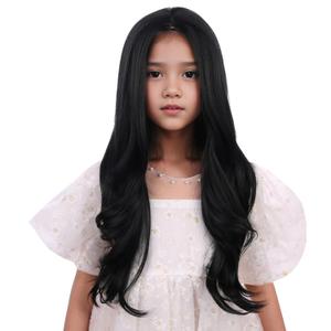 Black Wigs for Kids Girls Long Black Wavy Curly Wig Long Middle Part Wig Natural Synthetic Hair Wigs with Net Include