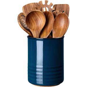 Utensil Holder, Ceramic Kitchen Utensil Crock for Countertop Cooking, Modern Utensil Caddy Jar Organizer for Farmhouse Kitchen Counter Décor, Flambe Blue