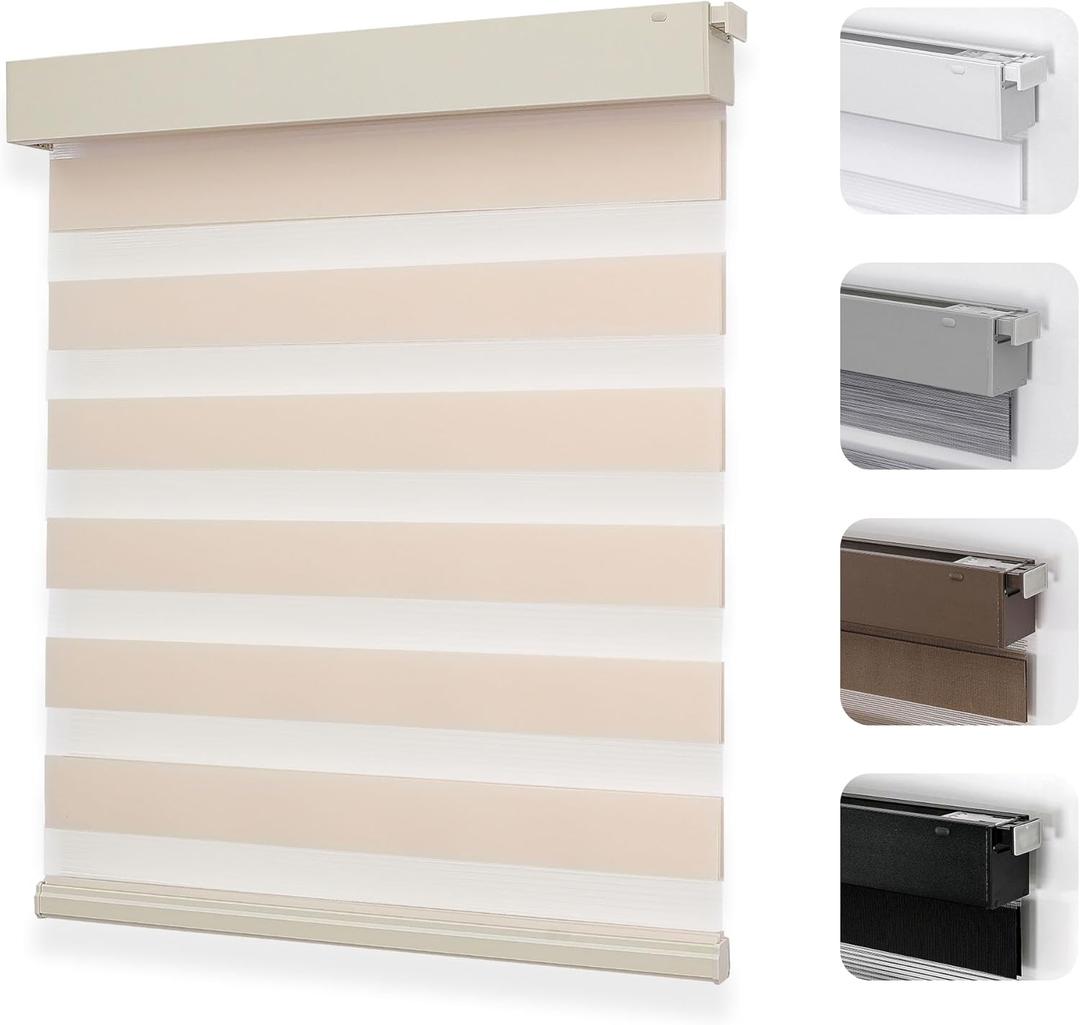 Joydeco No Drill Zebra Blinds for Windows, Cordless Dual-Layer Privacy Zebra Shades for Indoor Windows, Easy to Install, Light Filtering Sheer Blinds for Home (Beige,28" W x 75" H)