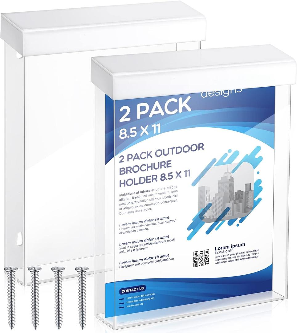 Remerry 2 Pcs Outdoor Brochure Holder 8.5 x 11 Inch Waterproof Acrylic Wall Mount Literature Box Dispenser with White Lid , Clear Real Estate Brochure Box Flyer Holder for Document Pamphlet Display
