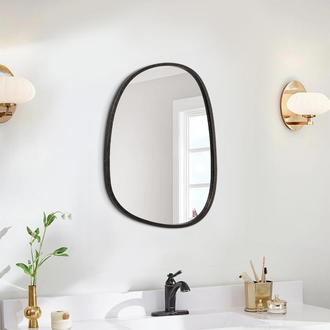 Asymmetrical Irregular Wall Mirror Black Oval Wall Mirror Wood Frame Hanging Mirror for Wall for Bathroom Wall Mirrors for Bedroom Living Room Entryway Hallway Unique Decorative Mirror, Size 24x10