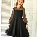 Arshiner Girl's Contrast Mesh Puff Long Sleeve High Waist A Line Short Dress with Pockets for 6-13 Years (Black)
