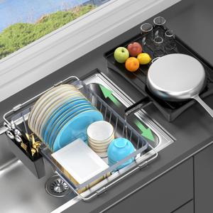LEMIKKLE Sink Dish Drying Rack - Expandable Small Dish Rack Over Sinks with Drying Tray, Dish Drainer for Kitchen Counter with Cutlery Holder, Drying Rack Fit for 14-19 Kitchen Sink (Gray)