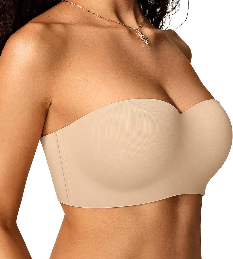 OEAK Womens Strapless Bras with Wireless/Underwire Multiway Non-Slip Tube Top Push Up Bralette Seamless Padded Bandeau Bra (Beige, 38D, L)