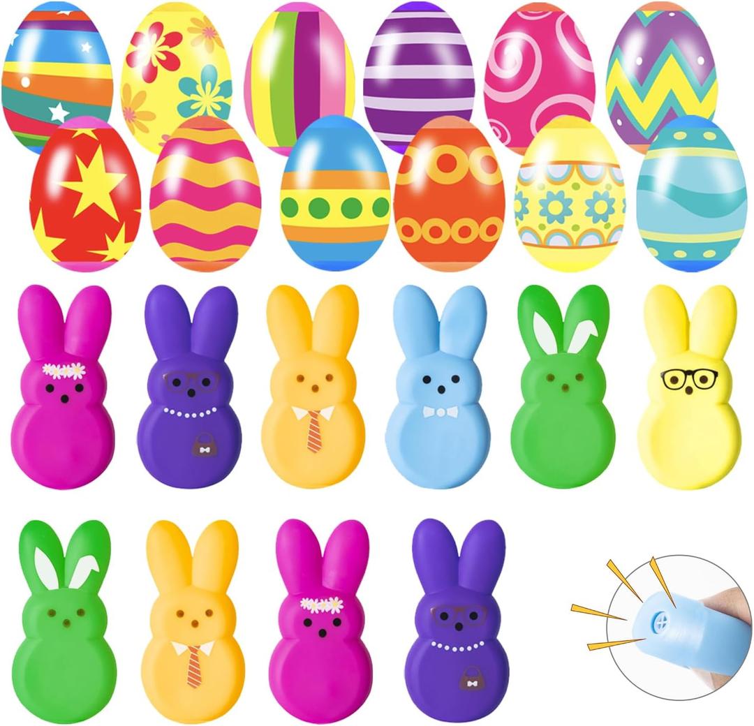 12 PCS Jumboo Prefilled Easter Eggs with Bunny Toys Easter Rubber Toy Set for Kids Boys Girls Easter Basket Stuffers Party Favors Easter Egg Hunt
