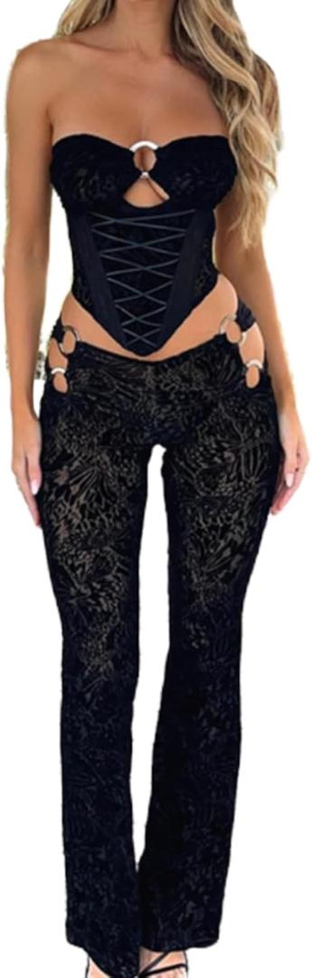 Womens Sexy 2 Piece Outfits Lace Up Band Top Ring Cutout Long Pants Sexy Club Sets (Small, Black)