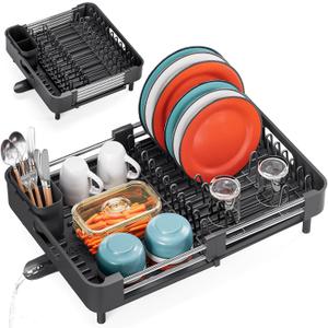  Dish Drying Rack, Expandable Dish Rack for Kitchen Counter, Anti-Rust Dish Drainer, Sink Organization and Storage Essentials with Cutlery & Cup Holder, Black