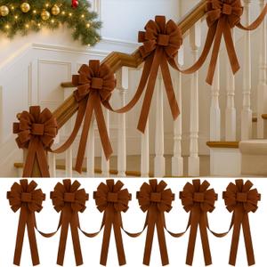 14 ft Christmas Bows Garland for Stairs Decoration Xmas Fence Outdoor Decor 6 Pcs 24 x 12 Inch Large Christmas Velvet Bows for Xmas Party Indoor Outdoor Fireplace Mantle Supplies(Brown)
