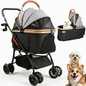 Pet Stroller for Small Medium Dogs & Cats 3-in-1 Detachable Carrier, Zipperless Entry, Lightweight Folding Travel Stroller with Storage Basket, Cup Holder, Gray