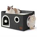 Bedsure Large Cat Beds for Indoor Cats - Extra Wide Cat Cube House for Small Pet with Fluffy Ball Hanging and Scratch Pad, Foldable Pet Cave Hideaway for Multiple Cats, 23.6x16.9x13 inches, Dark Grey