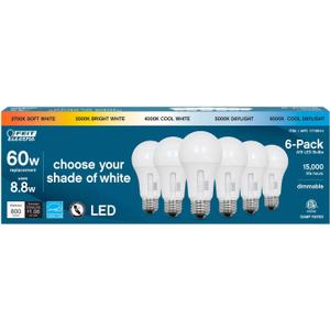 Feit Electric LED 5-Color Choice - 60W Equivalent - 800 Lumen, 2700K Soft Whit, 3000K Bright White, 4000K Cool White, 5000K Daylight and 6500K Cool Daylight, A19, ART 1715914, 6 Packs