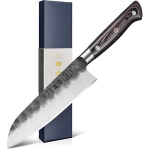 7 Inch Santoku Knife, Black Forged Japanese Chef Knife with AUS-8 Alloy Steel, Japanese Santoku Knife with Full Tang Pakkawood Handle, Christmas Gift with Premium Box (7 Inch Santoku Knife)