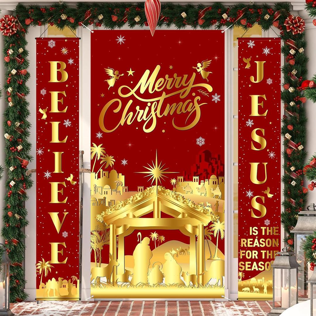 Oudain 3 Pack Christmas Decorations Jesus Door Cover Porch Sign Banner Welcome Front Porch Decor Gingerbread Door Hanging Backdrop for Winter Xmas Home Front Decoration