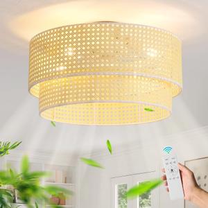 20 Inch Boho Caged Ceiling Fans with Lights Flush Mount, Rattan Ceiling Fan with Light Remote Control with Reversible 6 Speeds for Bedroom, Nursery, Living Room, E26, Base, Indoor