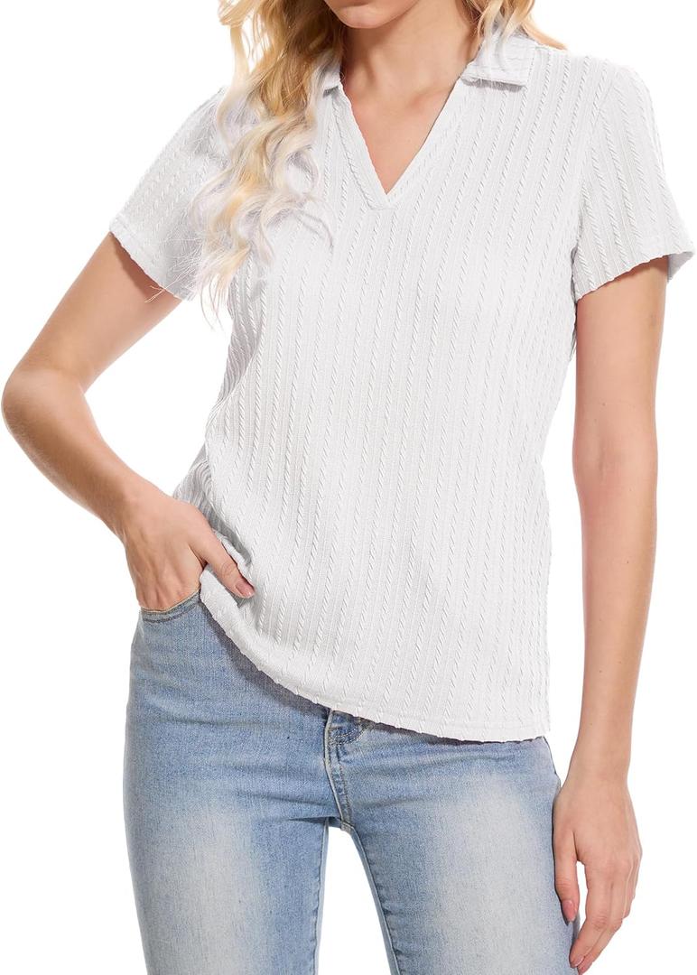 YuKaiChen Women's Polo Shirts Casual Summer Collared Tops Short Sleeve Knit Tops V Neck (XX-Large, White)