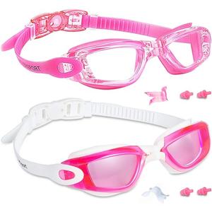 EverSport Kids Swim Goggles, Pack of 2 Swimming Goggles for Children Teens, Anti-Fog Anti-UV Youth Swim Glasses for Age4-16 (Color: Rosered & Pink)