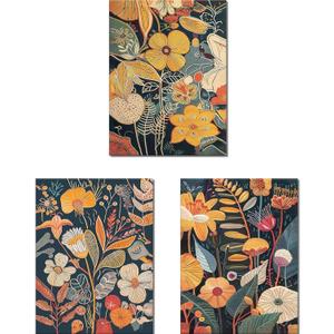 Orange Floral Wall Art Set of 3, Colorful Plant Pictures Wall Decor, Vintage Botanical Canvas Prints, Abstract Boho Flowers Posters, Nature Artwork for Living Room Bedroom Unframed 12X16 inch
