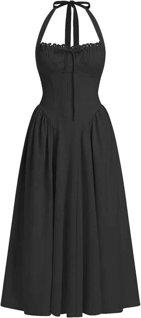 ABEHIK Women Floral Corset Dress Summer Dresses Boho Flowy Adjustable Halter Neck Lace Up Midi Dresses A Line Casual Sundress, Black, Small