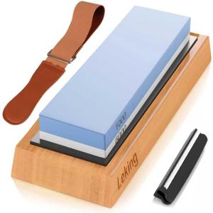 Leking Professional Knife Sharpener & Sharpening Stone Set: 1000/6000 Grit Dual-Sided Whetstone(7"x2.4"x1.2") with Bamboo Base, Non-Slip Silicone Holder, Angle Guide & Leather Strop Kit