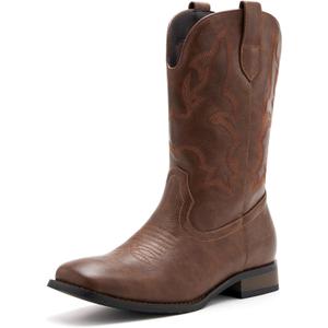 Cowboy Boots for Men Classic Embroidered Western Boots Slip Resistant Square Toe Chunky Heel Ankle Boots Durable and Fashionable Retro Short Boots (7.5, Brown)