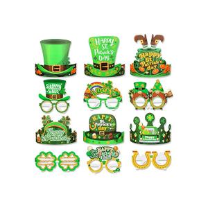 HOWAF St.Patrick's Day Eyeglasses Paper Hats for Green Party Photo Props,12pcs Irish Shamrock Paper Glasses Eyewear 12pcs St. Patrick's Day Crown Headband for Kids St.Patrick's Day Party Favors