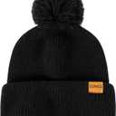 Womens Winter Knitted Beanie Hat, Knitted Soft Ski Cuff Cap with Pom Pom Warm Fleece Lined Hat (Black)