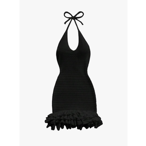 GORGLITTER Women's Crochet Halter Bubble Mini Dress Bow Backless Summer Bodycon Knit Dress Vacation Festival Outfits No Size
