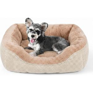Small Dog Bed Washable Orthopedic Calming Warming Durable Pet Bed with Anti-Slip Bottom, S (20"x19"x6"), Beige 