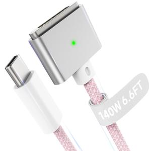 Hugener Magnetic 3 Cable USB-C 6.6FT Compatible with M5/M4/M3/M2 MacBook Air Pro Charger, 140W Cable for MacBook Air (13"/15" 2026/2025/2024/2023/2022), Pro (16"/14" 2026/2025/2024/2023/2021), Pink