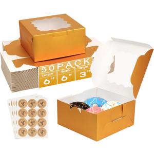 50Pcs Gold 6x6x3 Cookie Boxes, Bakery Boxes for Baked Goods, Cookies, Pastry, Strawberries, Macarons, Gold