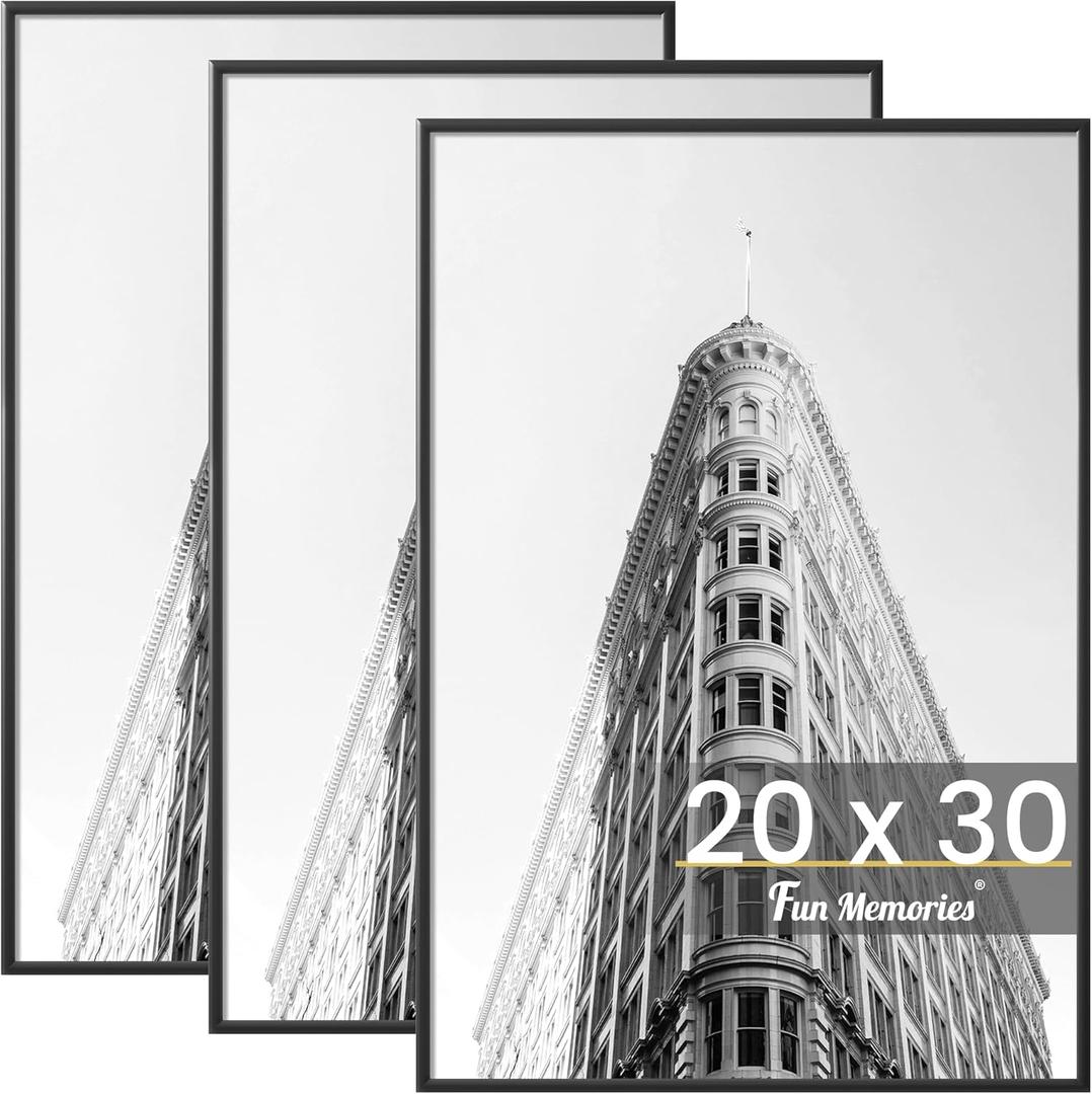 Fun Memories 20x30 Poster Frame for Photo, Posters & Art Prints, Horizontal or Vertical Wall Mounting Scratch-Proof Wall Gallery Photo Frame (Black, 3 Pack)