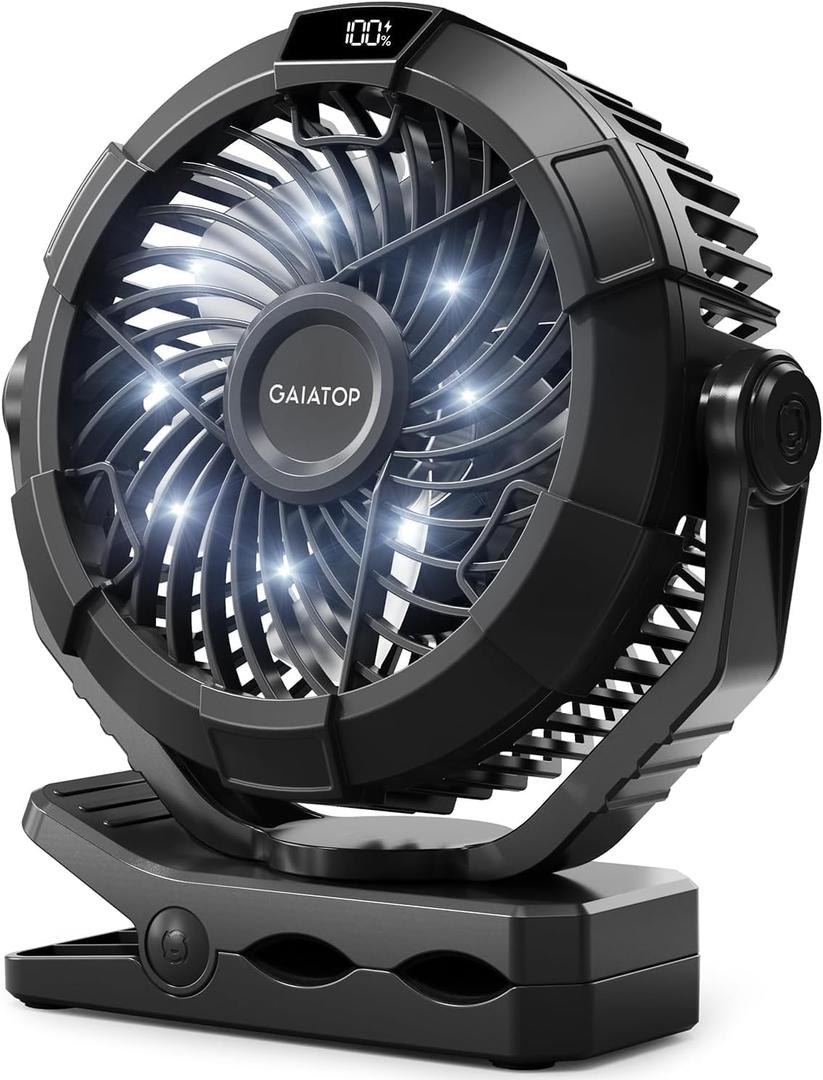 Gaiatop Portable Camping Fan with LED Lantern, 360Rotation and Clip on for Desk, 4000mAh USB Rechargeable Battery Powered, Digital Display and Hanging Hook for Tent Outdoor Travel Bedroom Black