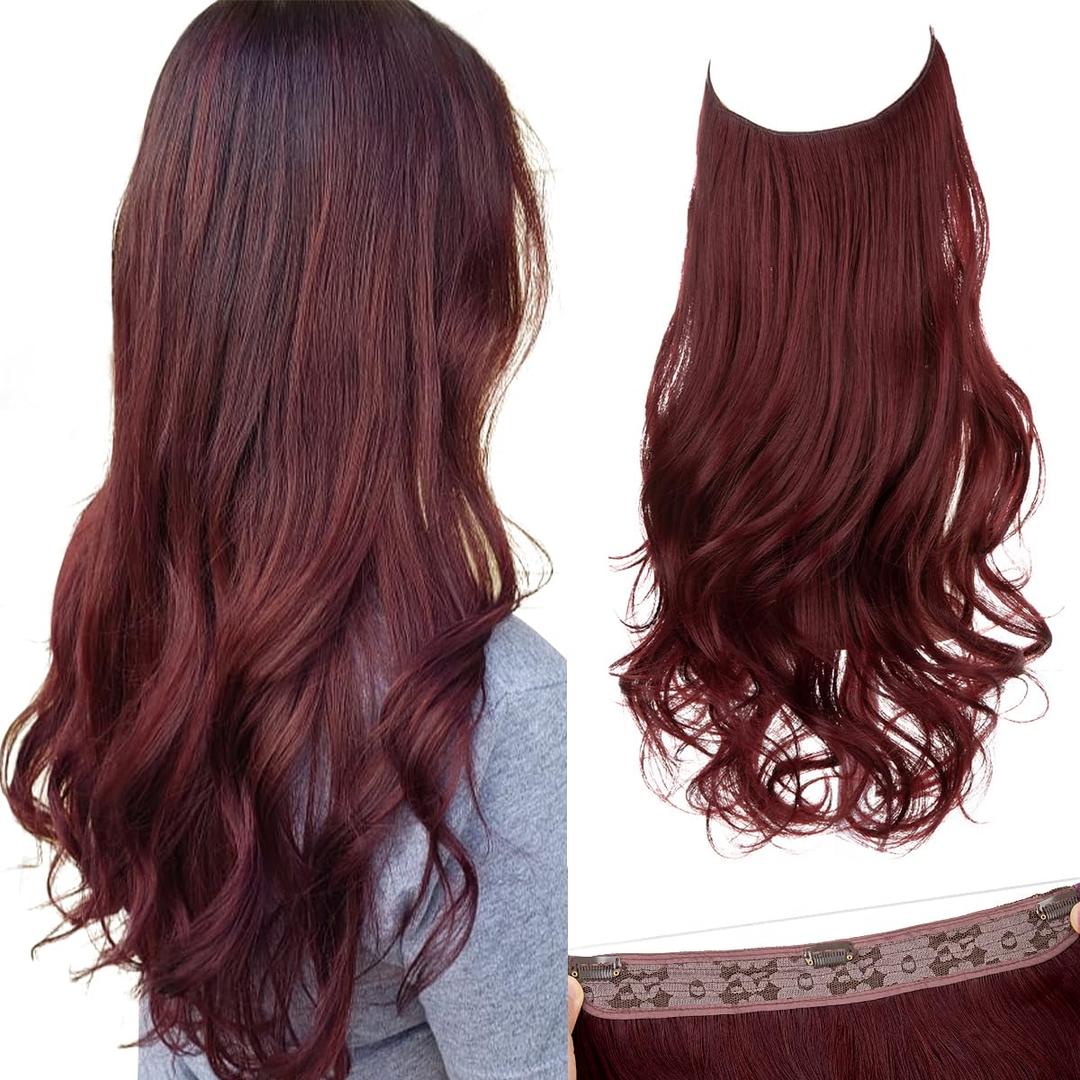 SARLA Burgundy Invisible Wire Hair Extensions with 3 Clips Long Synthetic Wavy Curly Hairpiece Adjustable Transparent Headband for Women 18 Inch Wine Red