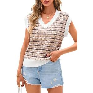 CFLONGE Vests for Women 2025 Trendy Sleeveless Striped Sweater Vest Crochet Knit Cropped Work Tank Top Outfits Y2K Clothes, M