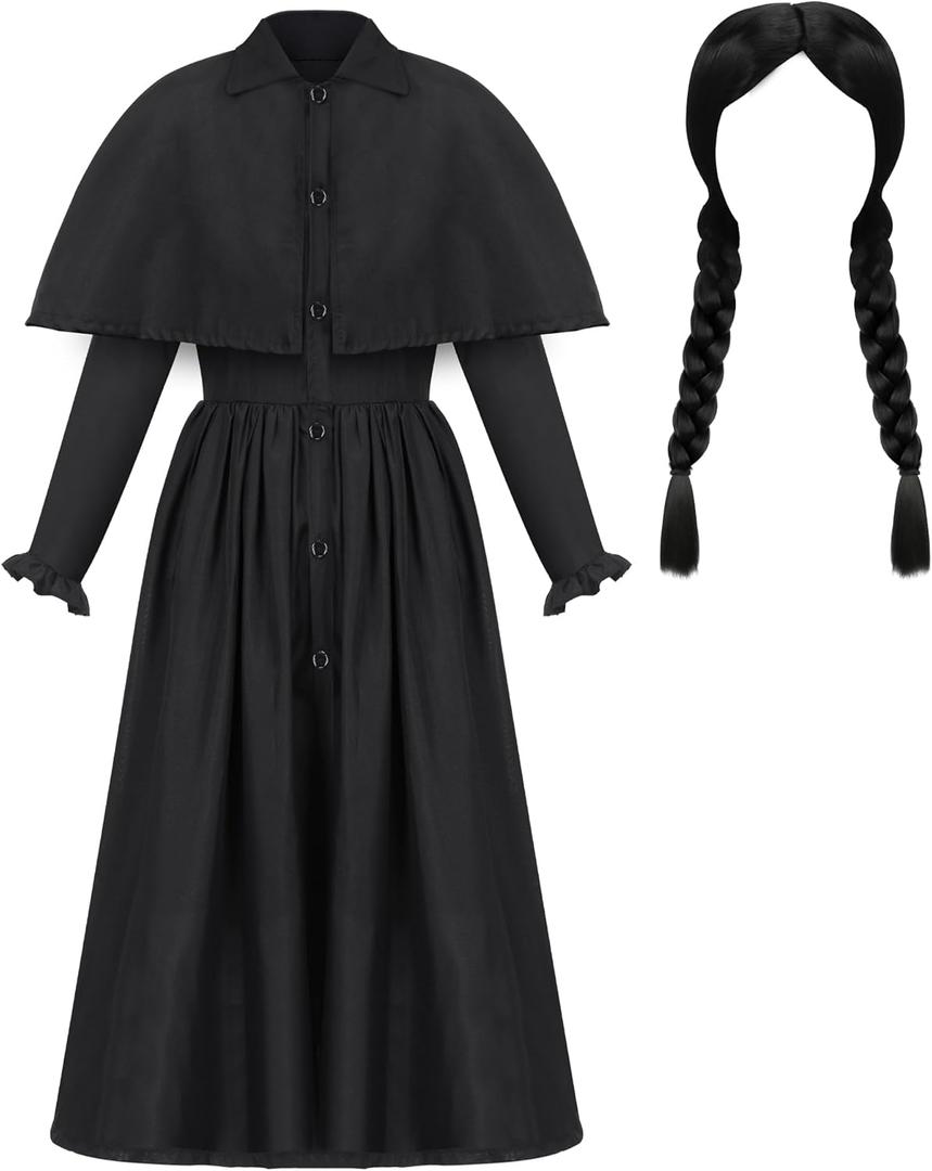 JenPen 2 Pcs Gothic Black Girls Halloween Costume Outfit with Double Braid Wig 2025 Detective Kids Cosplay Dress Accessories (M)