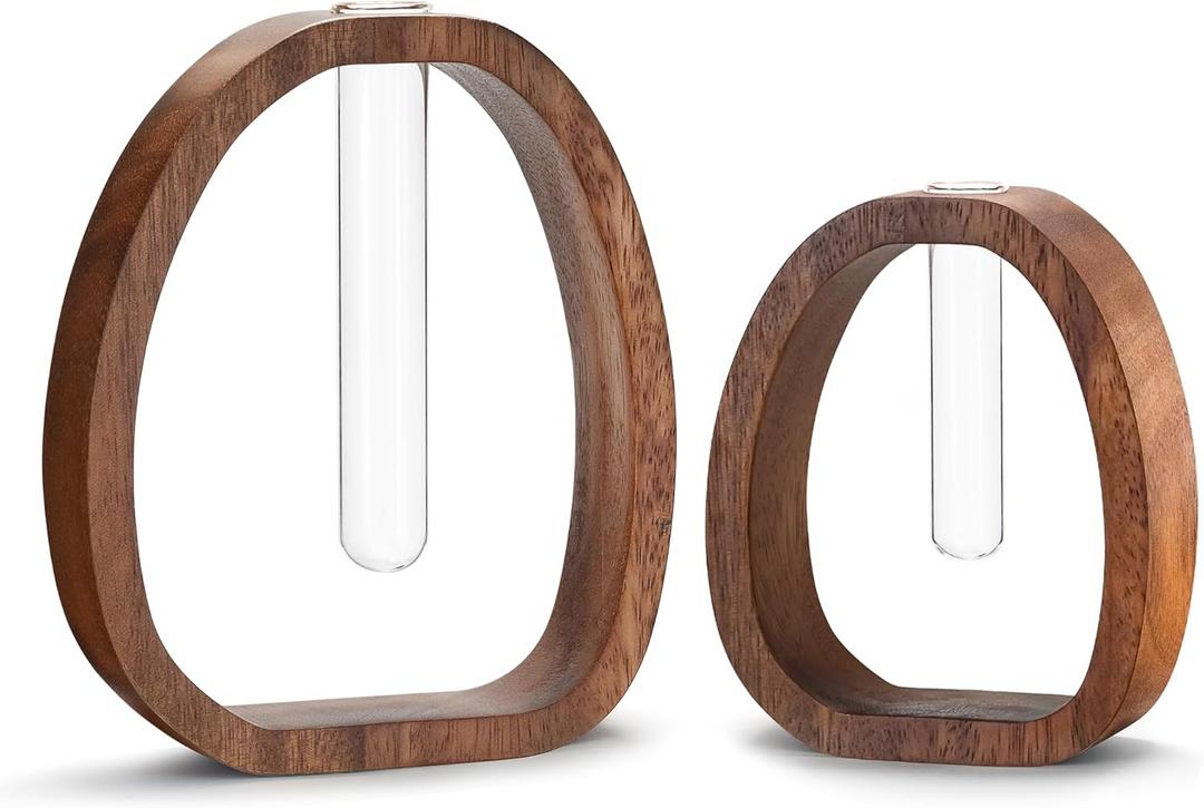 Houmury Set of 2 Glass Test Tube Vase Walnut Wood 7.5 & 5.8 Modern Farmhouse Propagation Stations for Home Decoration, Table Centerpieces (Brown)