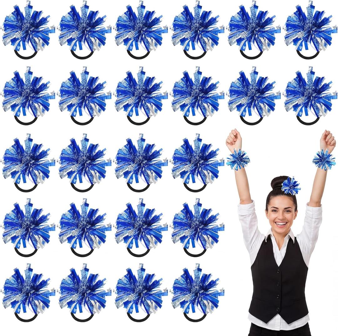 Shappy 2 Color Mini Pom Poms Hair Ropes for Football Cheerleading 4 Inch Ponytail Holder for Team Spirit Sports Dance Cheer (Blue)