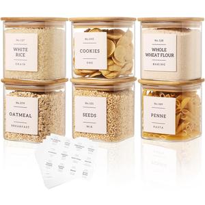 6 Pack Square Glass Pantry Storage Containers with 132 Kitchen Food Pantry Labels - 24 floz Clear Glass Pantry Jars with Airtight Wood Bamboo Lids - Glass Canisters for Sugar, Cereal, Coffee, Spice