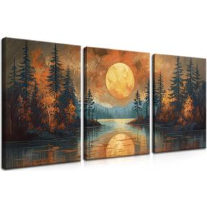 Framed Gold Mountain Forest Sunset Landscape Wall Art Set of 3, Abstract Boho Lakeside Forest Sunset Wall Decor, Vintage Nature Landscape Canvas Prints Poster for Living Room Bedroom Office 16x24 Inch