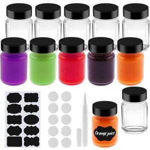 1 oz Juice Glass Shot Bottles with Black Lids & Labels and Pen, Wide Mouth Small Glass Bottles for Ginger, Leakproof Travel Mini Clear Jars for Wellness Shot, Ginger Shots (10)