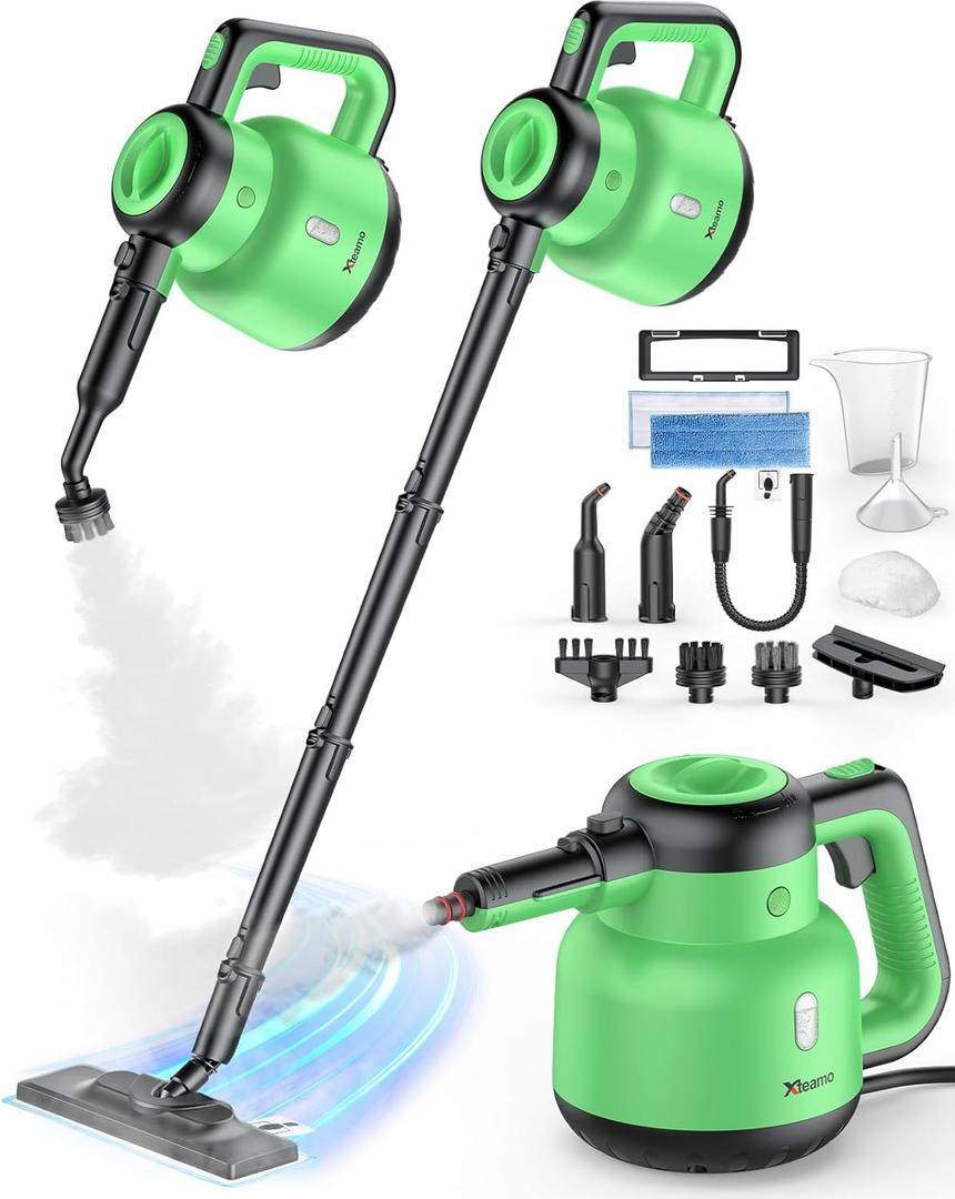 Steam Mop - Detachable Handheld Steam Cleaner & Floor Steamer with 12 Accessories, Multi-Purpose Powerful Steamer for Home Cleaning, Floors, Windows, Furniture, Tiles & Grout (Geen)