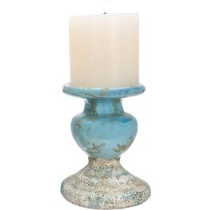 Creative Co-Op Large Distressed Blue Terracotta Pillar Candle Holder (5.5" W x 6.5" H)