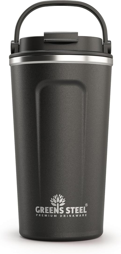 Reusable Coffee Cup with Lid and Handle - Stainless Steel Insulated Coffee Mug for Hot & Cold Drinks - Ideal Travel Mugs - 100% Leak-Proof Tumbler - 16 oz Black