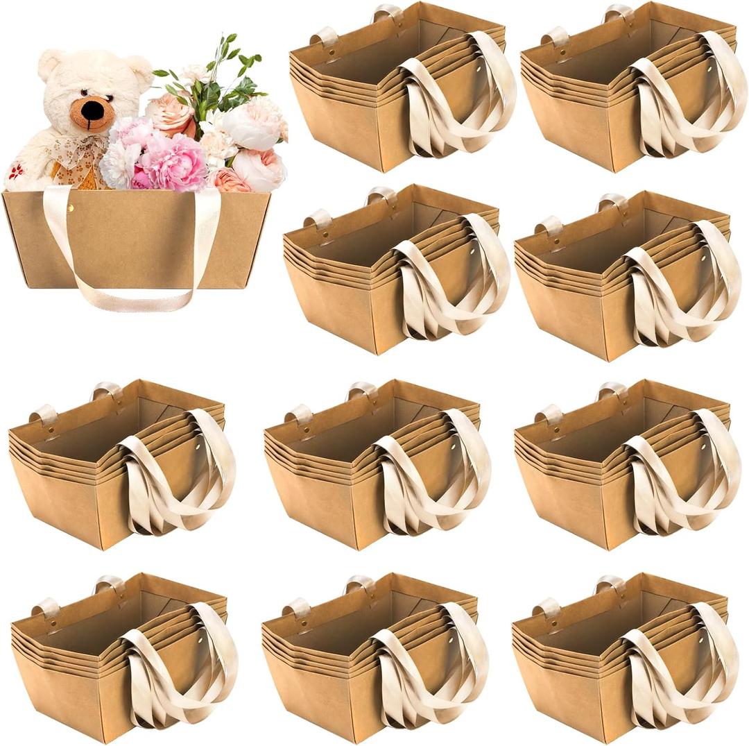 Cedilis 50 Pack Kraft Gift Basket with Handles, 9.8'' x 6.5'' x 4.3'' Empty Paper Basket for Party Gifts, Anniversary, Wedding, Easter, Crafts, Brown