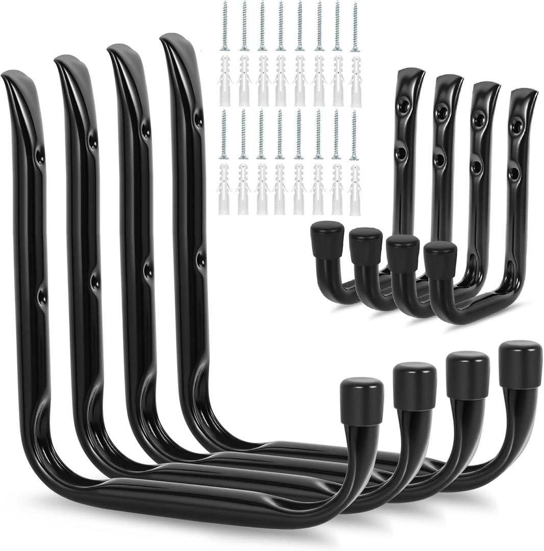 GURADESIGN 8-Pack Heavy Duty Garage Hooks for Hanging 50 lbs, 8” & 3.5” J Utility Hooks for Garage, Large Metal, Heavy Duty, Black