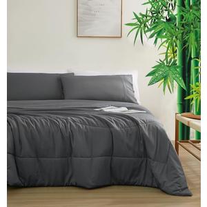 Natural Bamboo Viscose Comforter Set Queen Size 3 Pieces, All-Season Soft Breathable Moisture-Wicking Quilt with Matching Pillowcases, Machine Washable, Quilted Fluffy Comforter (Dark Grey)