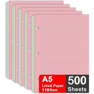 (5 Pack) A5 Filler Paper, 3 Hole Notebook Refills Paper for 3 Ring Refillable Binder, 110 Gsm 5-Color Loose Leaf Planner Refill Paper, 500 Sheets/1000 Pages, 5.7x8.3 Inch