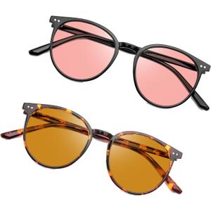 2 Pack Indoor Fluorescent-41 Pink & Outdoor Fluorescent-60 Brown Round Tinted Blue Light Blocking Glasses for Migraine, Light Sensitivity, Photophobia & LED Gaming Computer Screen Glare RF6213 (Black Frame Pink Lens + Coco Tortoise Frame Brown Lens)